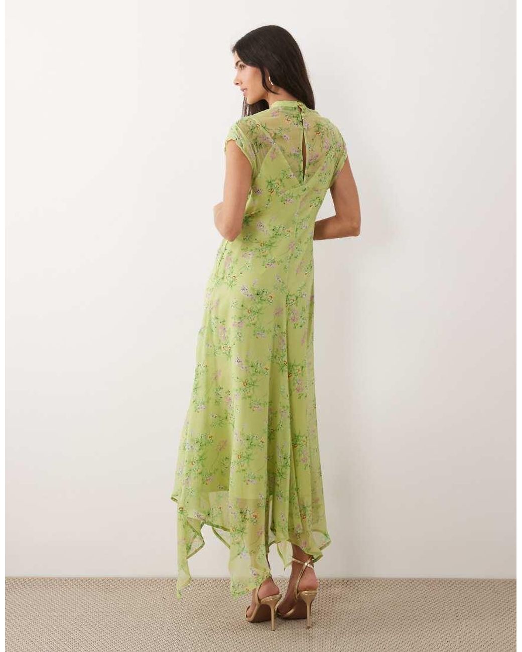 ASOS Green High Neck Handkerchief Hem Chiffon Maxi Dress