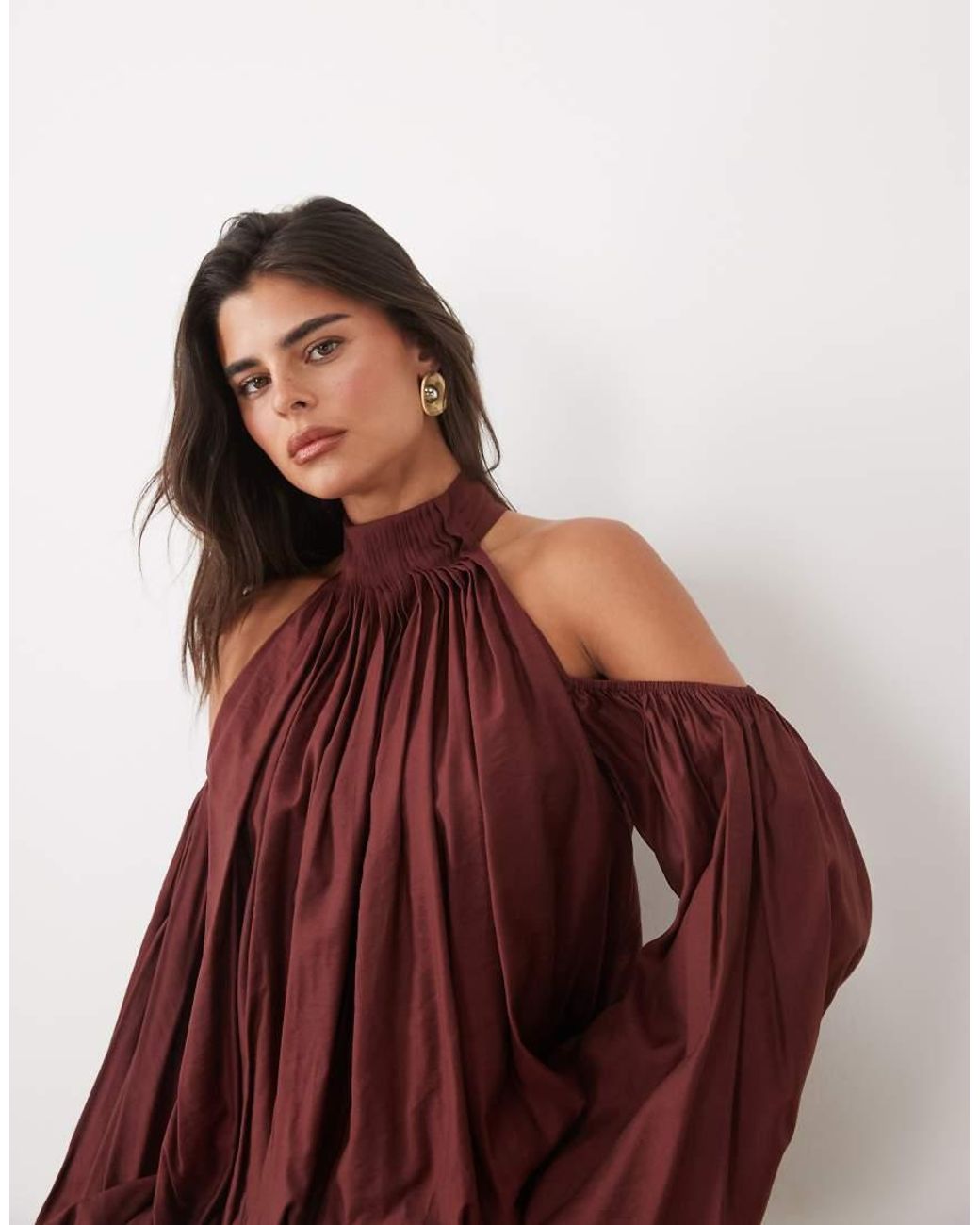 ASOS Red Blouson Cold Shoulder Mini Dress With Flippy Skirt
