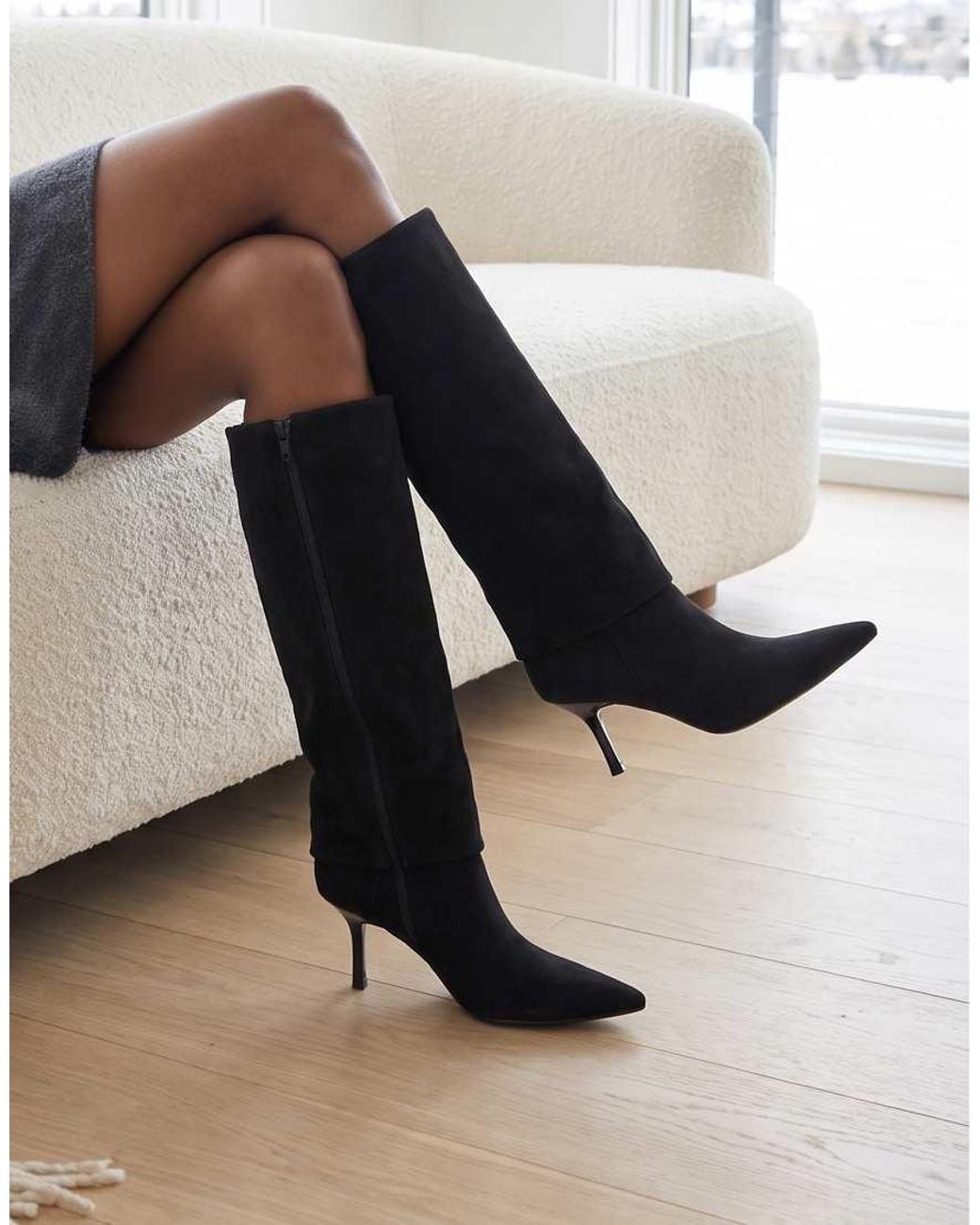 SEQWL Black Fold Over Knee High Boots Stiletto Heels With Pointed Toe