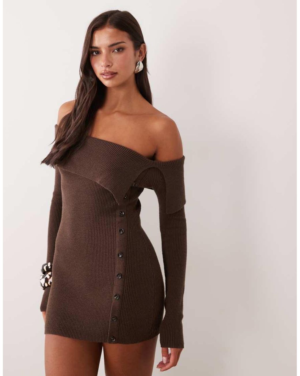 Aria Cove Brown Foldover Off Shoulder Button Down Knit Mini Dress