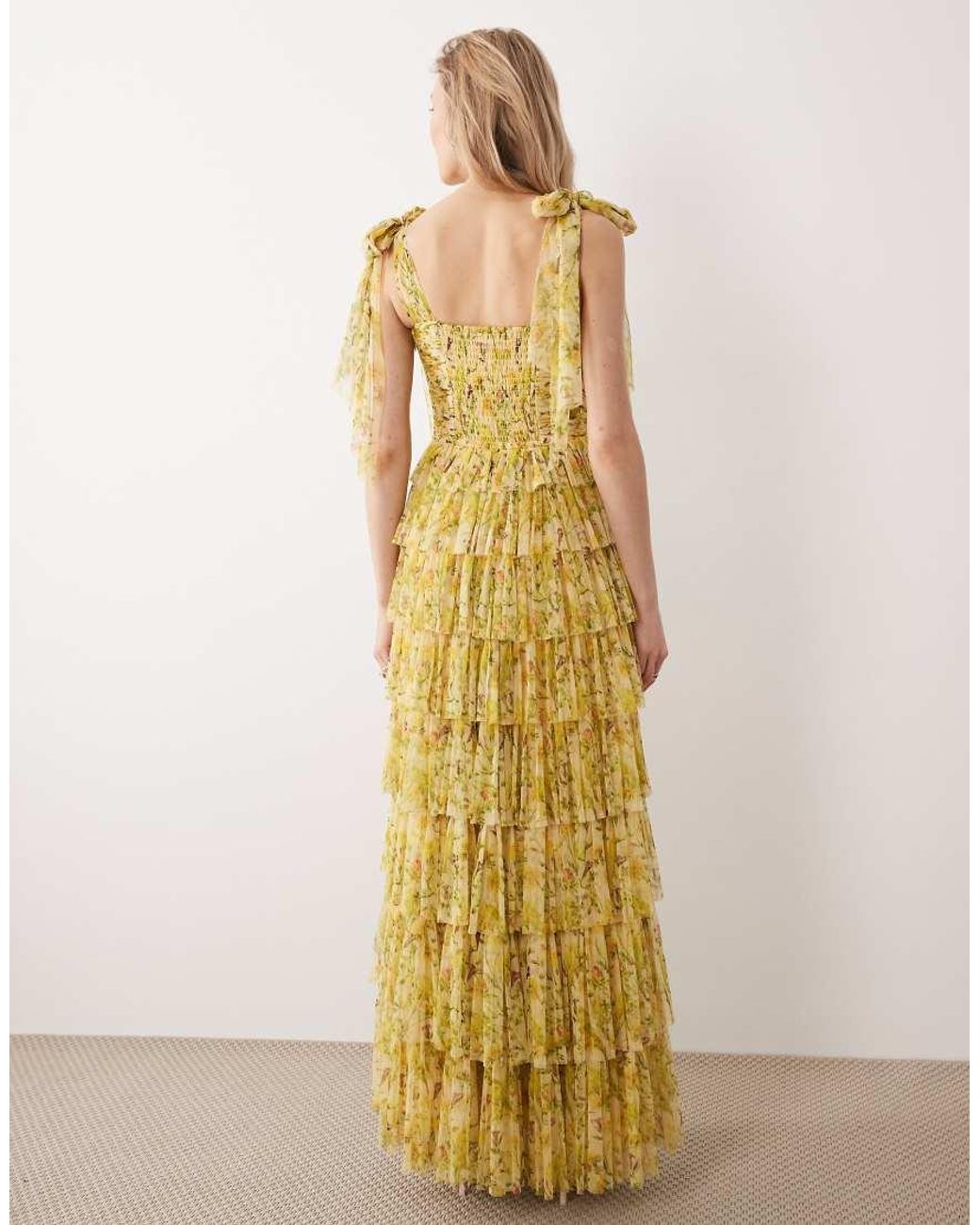 LACE & BEADS Yellow Ophelia Bow Shoulder Tulle Maxi Dress