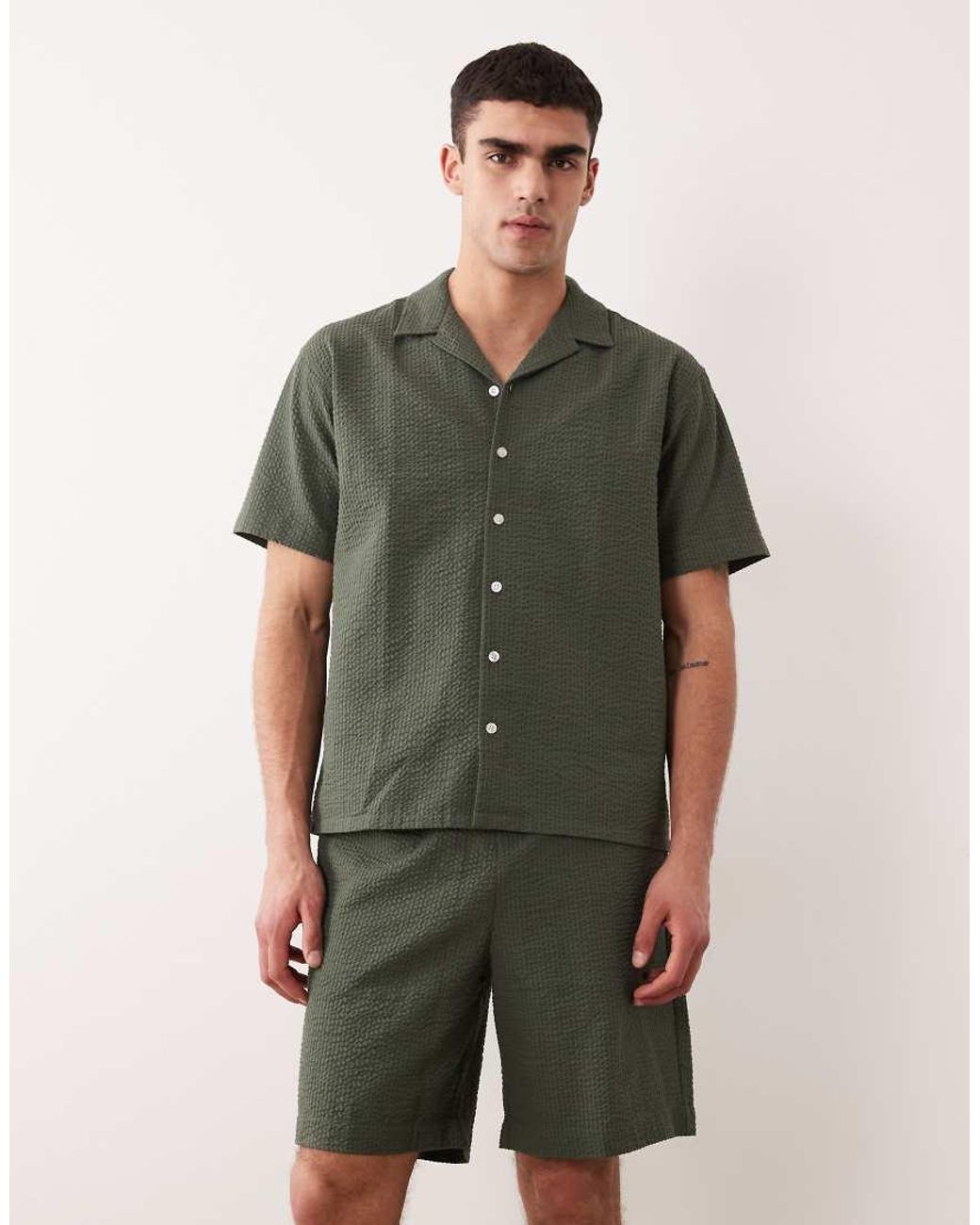 JJ Rebel Green Co Ord Seersucker Shorts for men