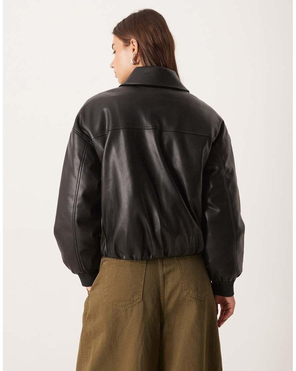 Abercrombie & Fitch Brown Vegan Leather Bubble Hem Bomber Jacket
