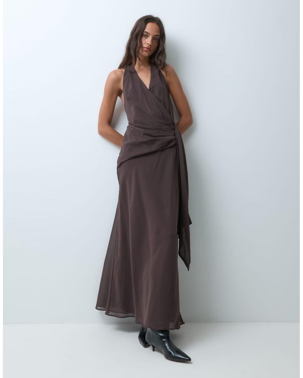 BRONZE SNAKE Gray V Neck Halterneck Maxi Dress With Draped Waist