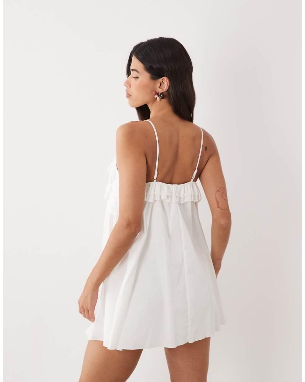 Fashionkilla White Exclusive Poplin Ruffle Hem Cami Top Babydoll Mini Dress