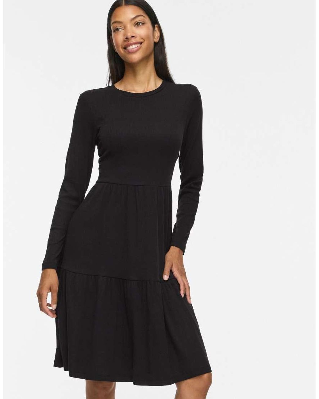 Vila Black Sleeved Vihollie Ribbed Crew Neck Long Sleeve Medium Midi Dress