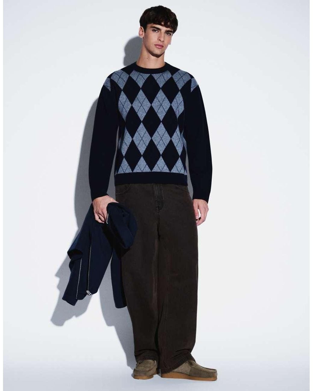 ARKET Blue Pure Merino Wool Argyle Crew Neck Sweater for men