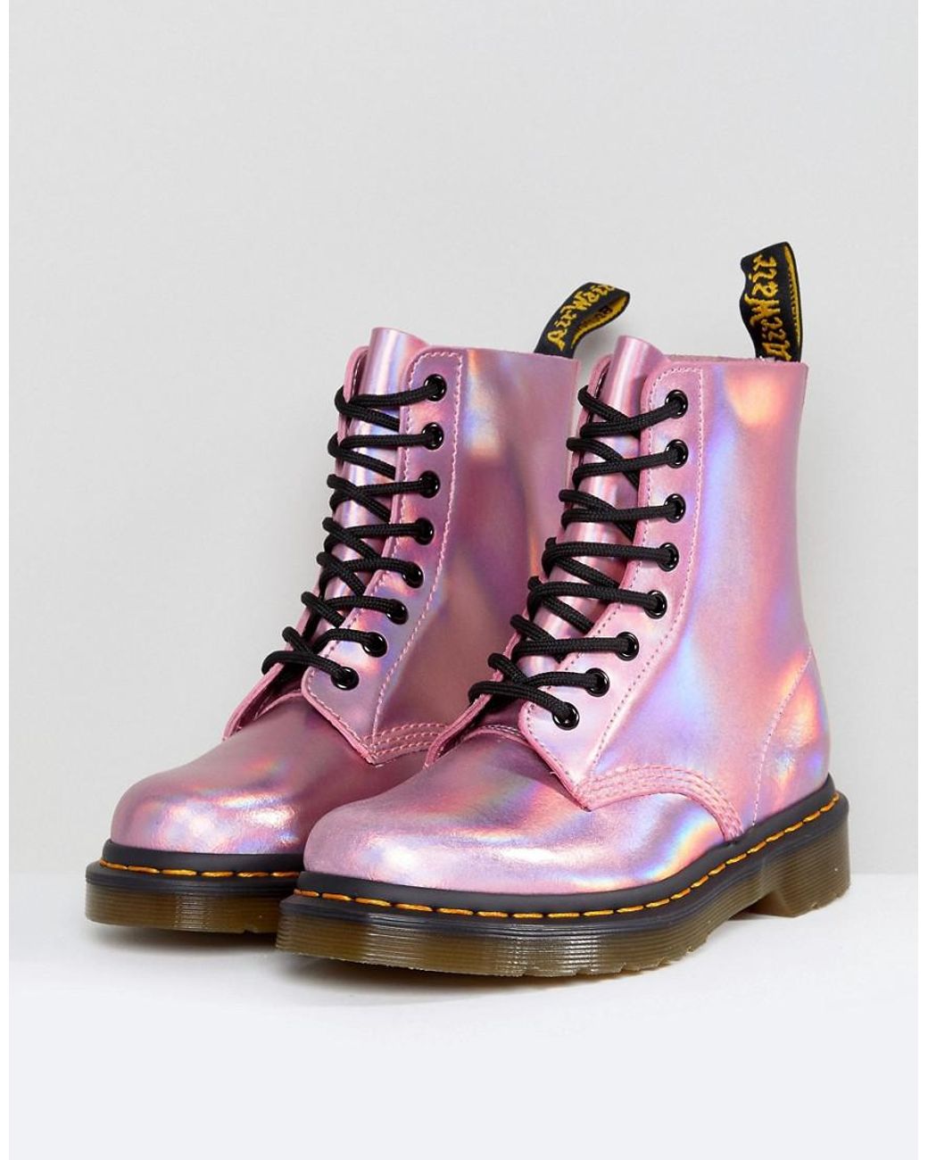 Dr. Martens Leather Holographic Pink Lace Up Boots | Lyst