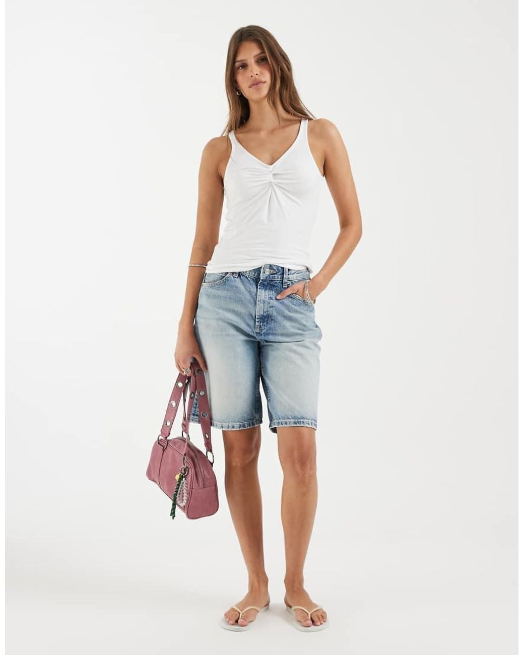Pieces Blue V Neck Ruched Detail Singlet Top
