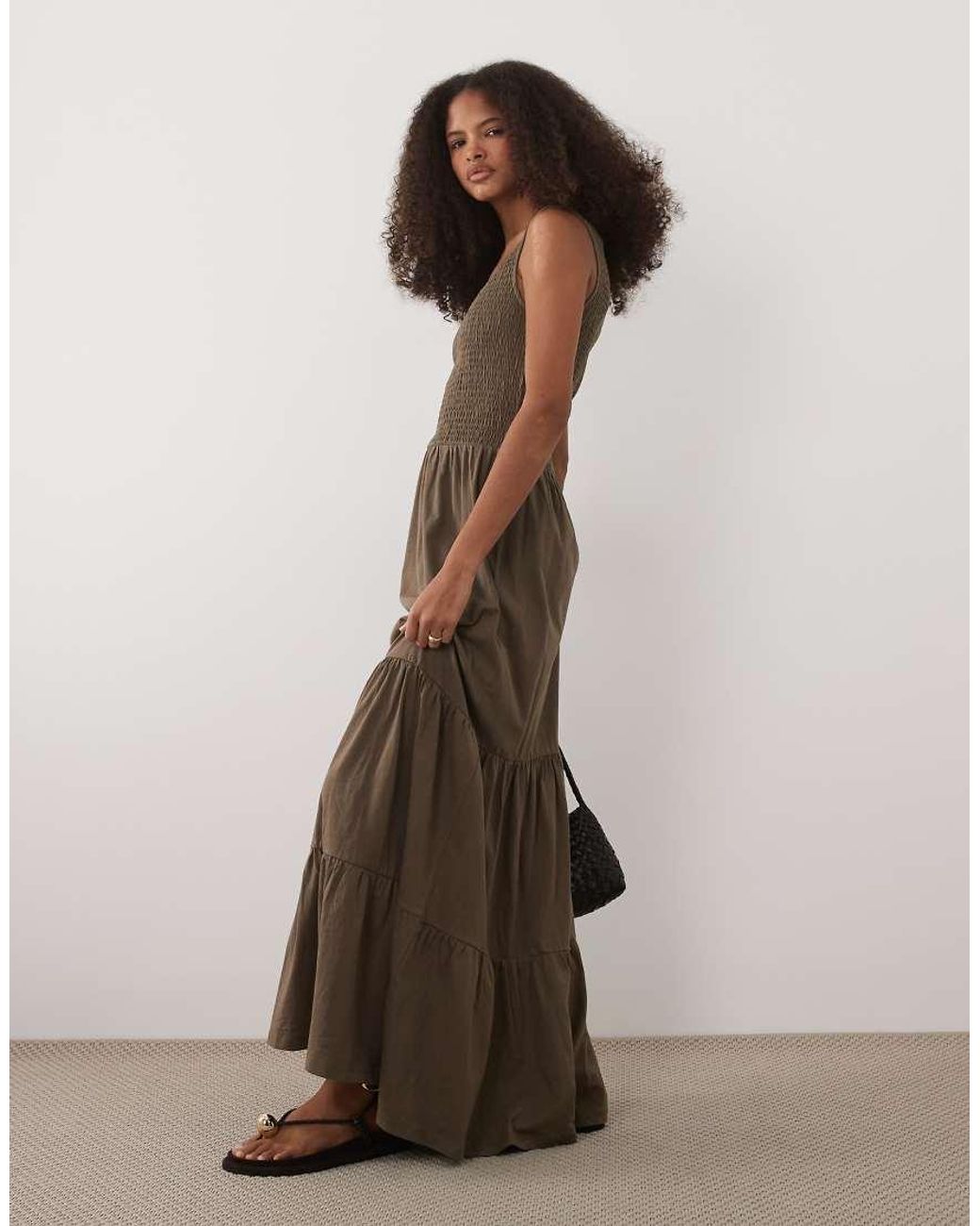 Brave Soul Brown Scoop Neck Shirred Bodice Maxi Dress With Tiered Skirt