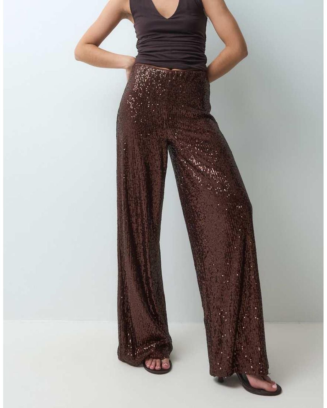 ASOS Brown Allover Sequin Wide Leg Trousers