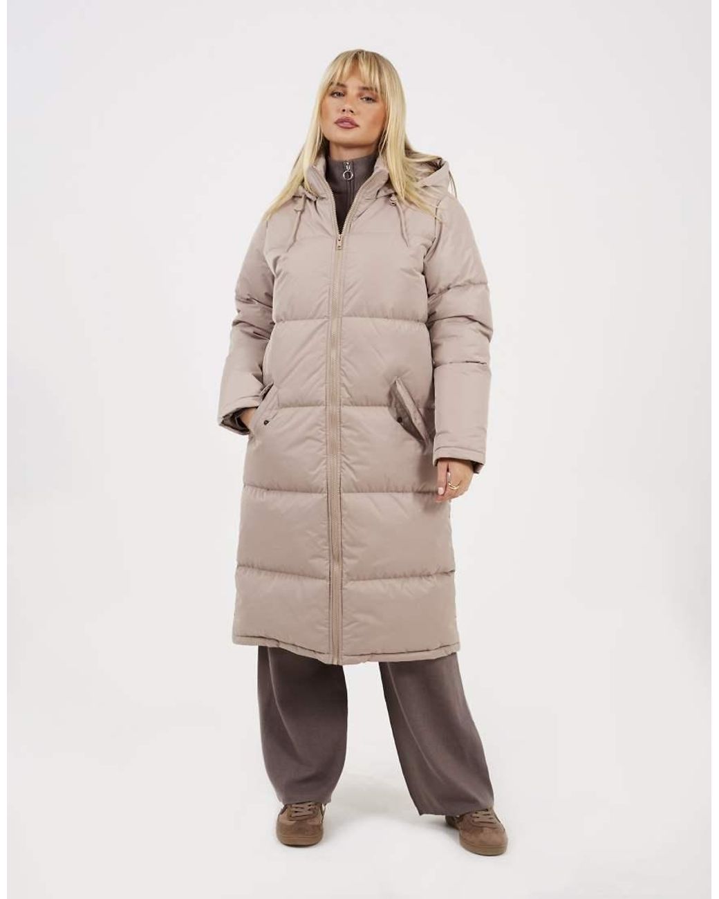 Brave Soul Natural Maxi Length Padded Jacket With Fixed Hood