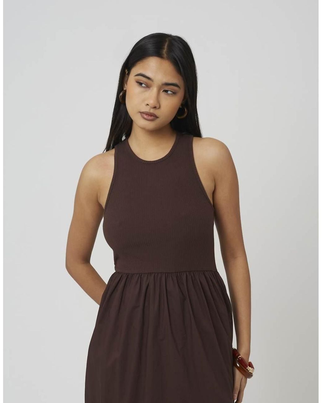 Brave Soul Brown Ribbed Jersey And Poplin Mix Midi Dress