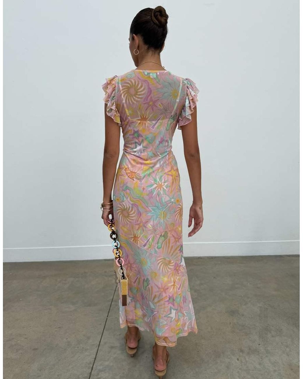 Never Fully Dressed Natural Petite Frida Mesh Frill Sleeve Maxi Dress