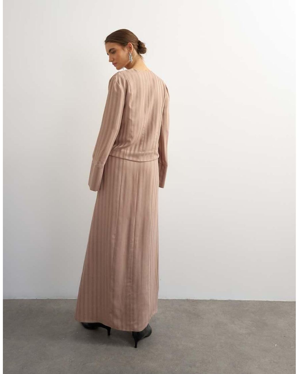 TOPSHOP Natural Viscose Satin Stripe Dropped Waist Long Sleeve Wrap Front Maxi Dress
