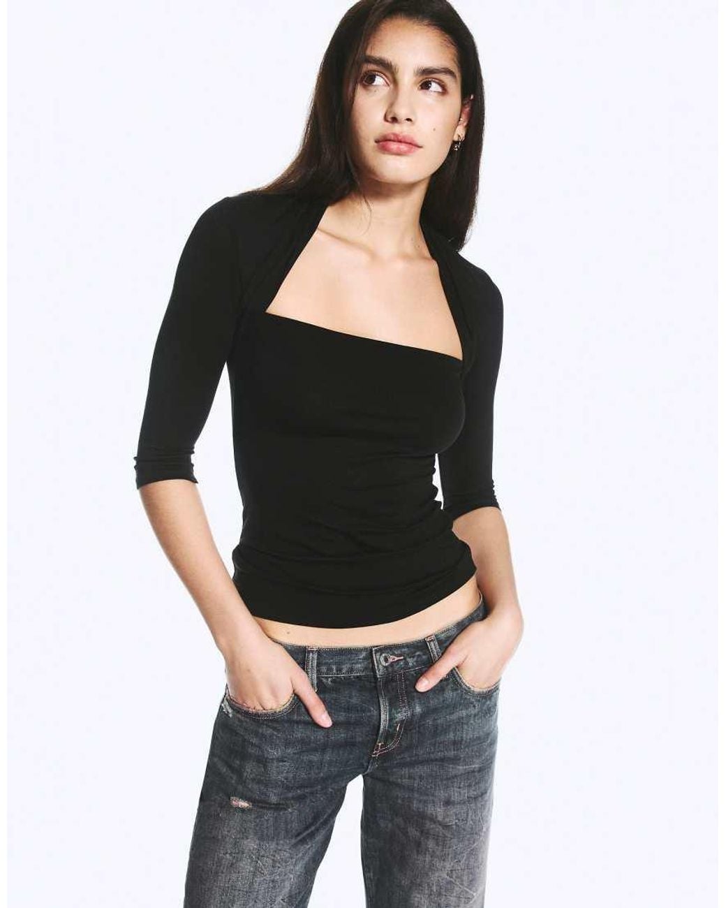Weekday Black Square Neck 3/4 Length Sleeve Top