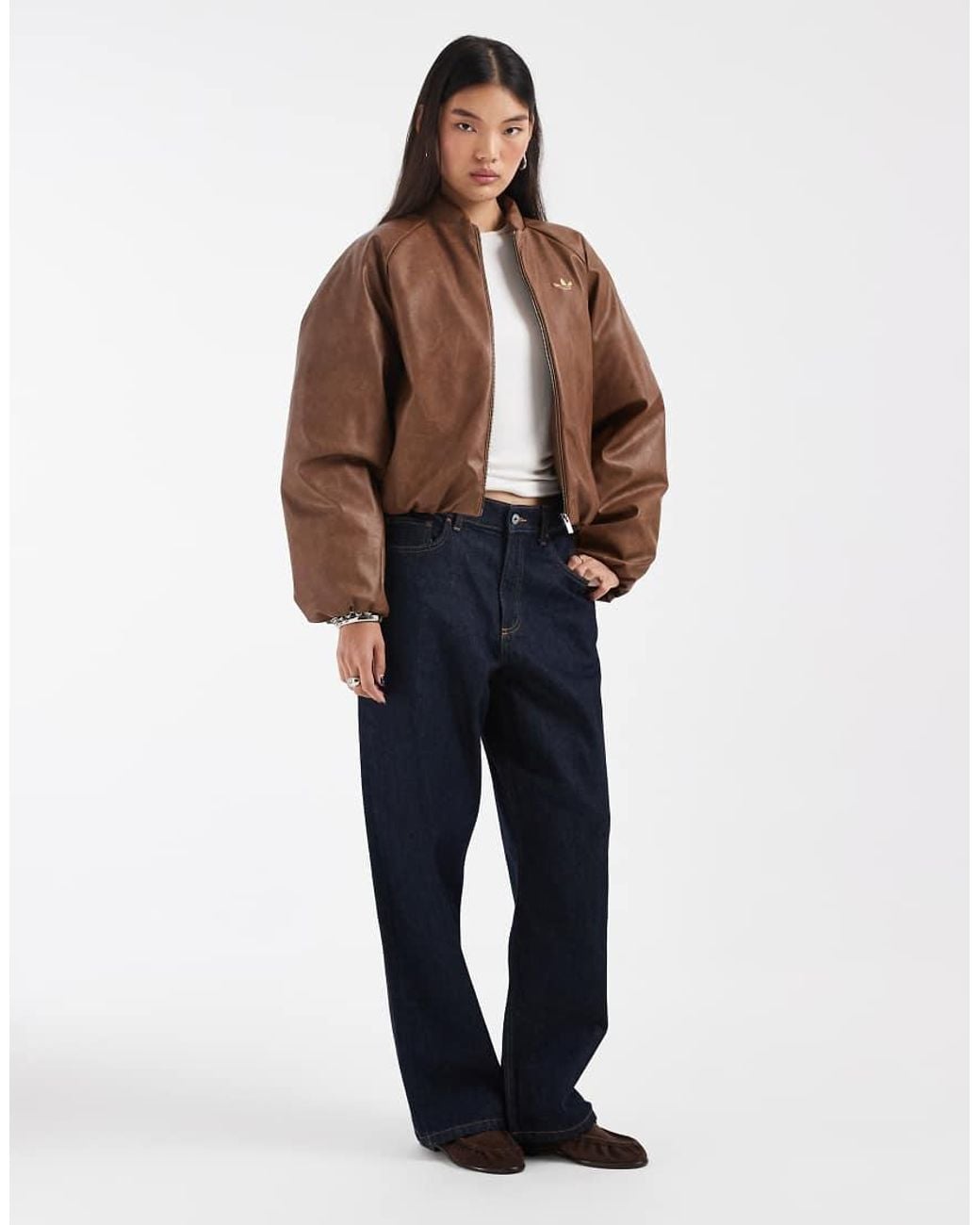 Adidas Originals Brown Faux Leather Bomber Jacket