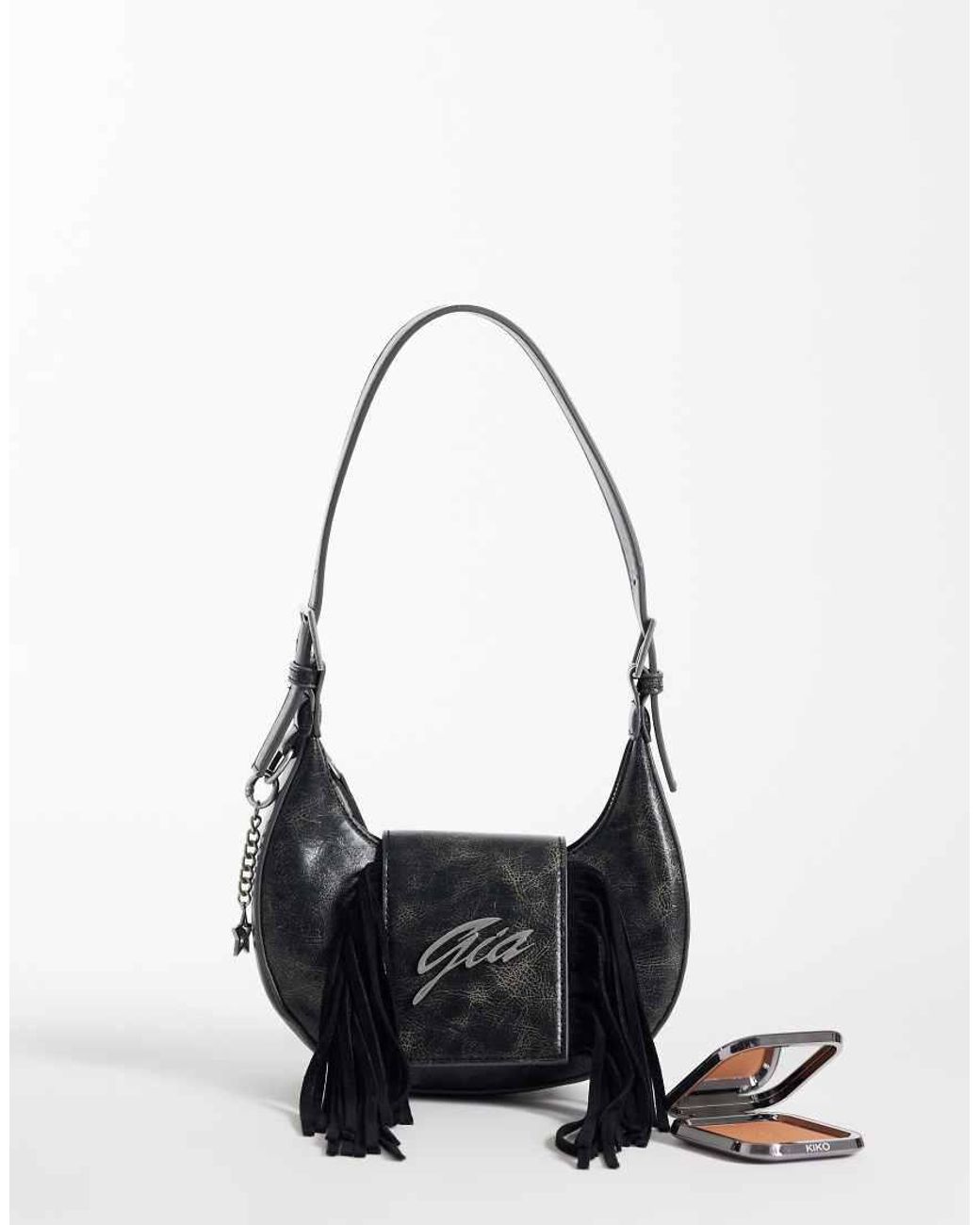 I.AM.GIA White Tia Textured Faux Leather Chrome Logo Detail Fringe Front Adjustable Shoulder Bag