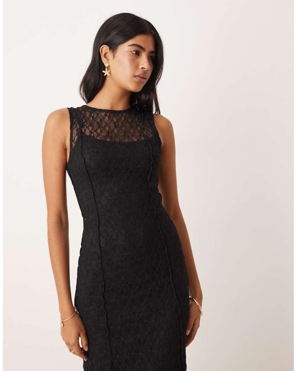 Mango Natural Slash Neck Lace Maxi Dress