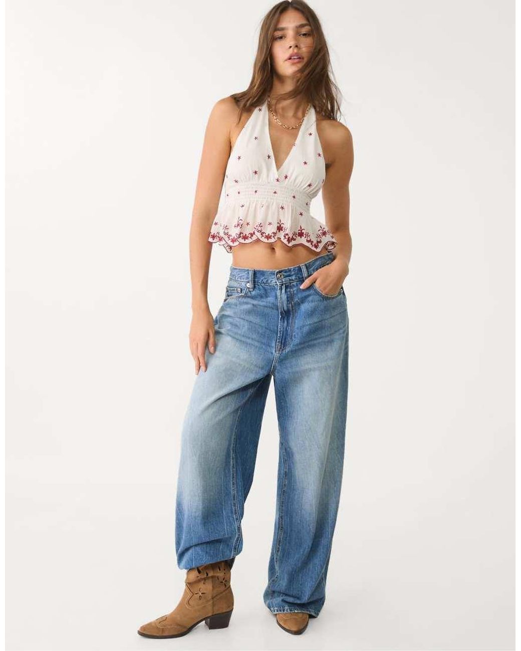Stradivarius Blue Halter Top With Contrast Embroidery