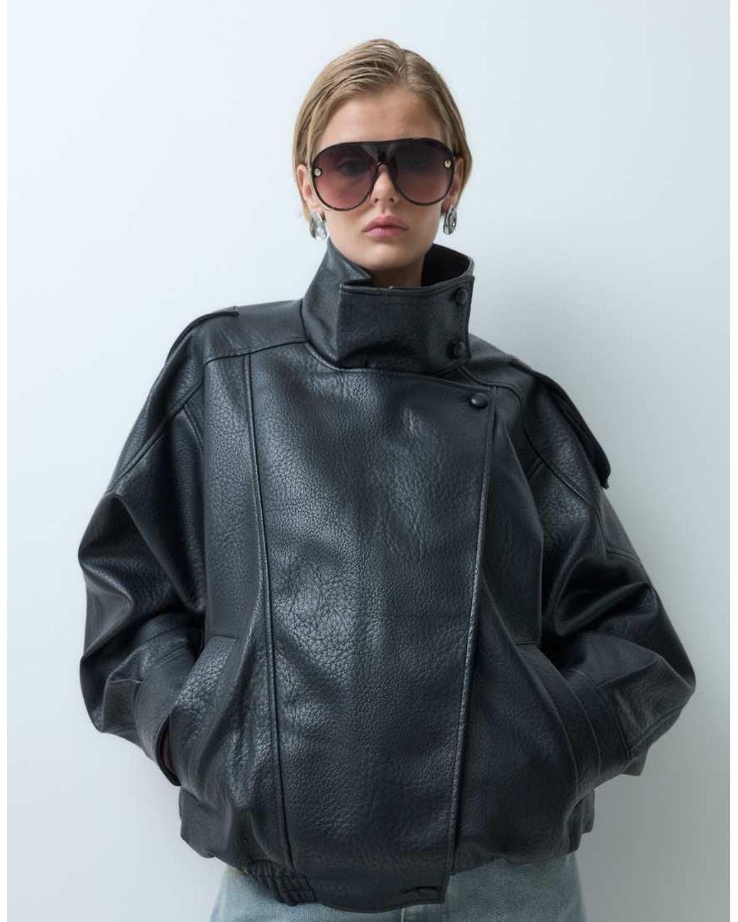 ONLY Gray Funnel Neck Faux Leather Jacket