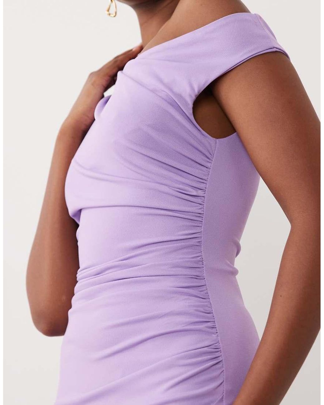 TFNC London Purple Slinky Fallen Shoulder Thigh Split Midaxi Dress