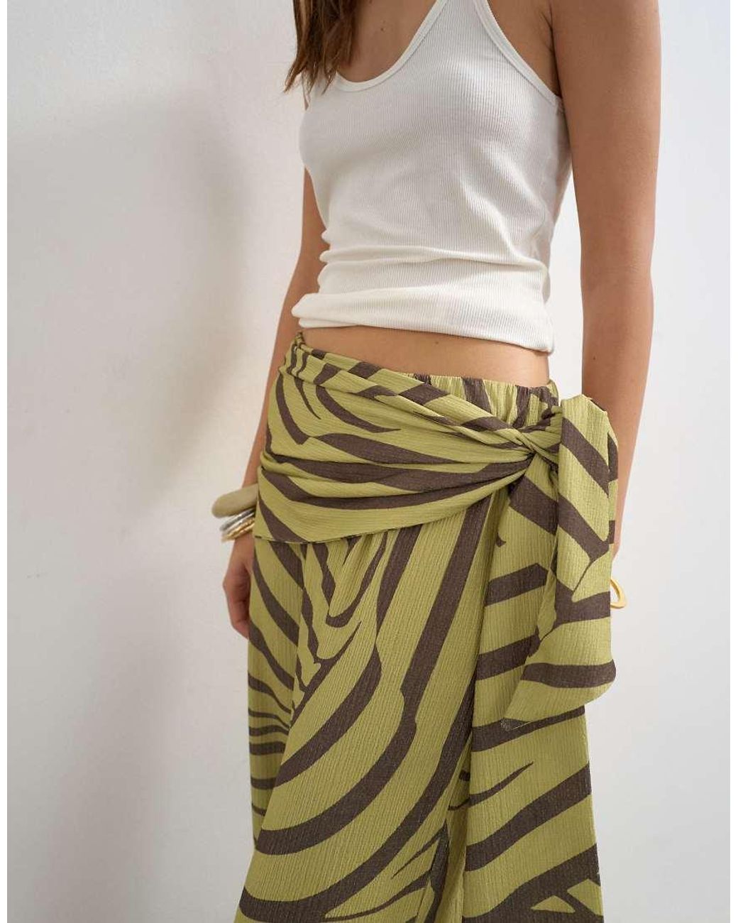 TOPSHOP White Animal Plisse Wrap Scarf Detail Trousers