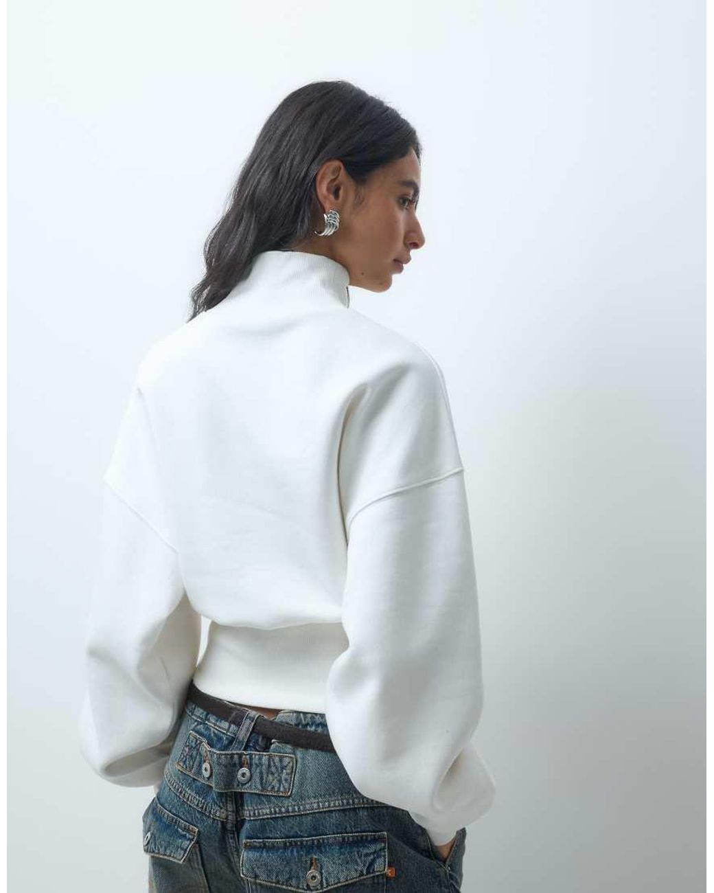 ASOS Gray Funnel Neck Cinched Waist Brushback Sweatshirt