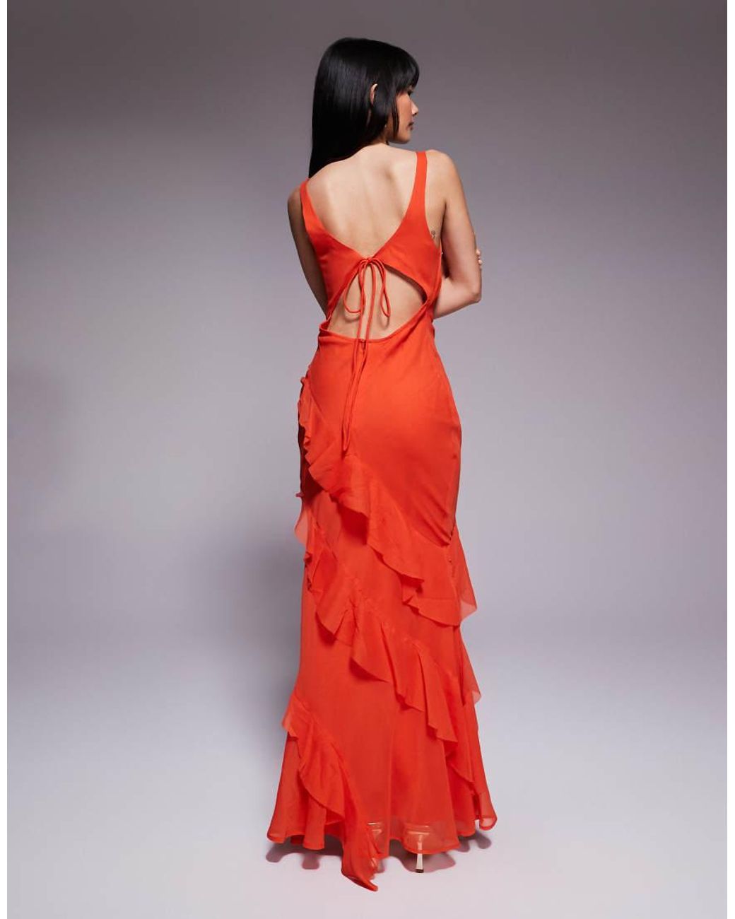 ASOS Red Asos Design Petite Scoop Neck Maxi Dress With Ruffle Skirt And Cut Out Back