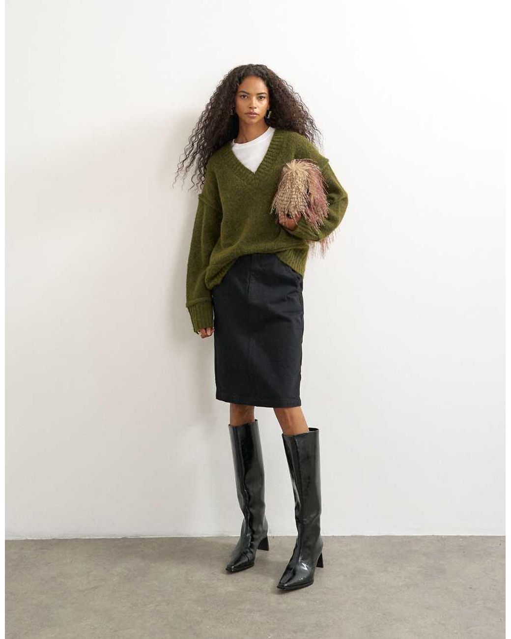 TOPSHOP Green Knitted V Neck Slouchy Roll Seam Detail Jumper With Wool