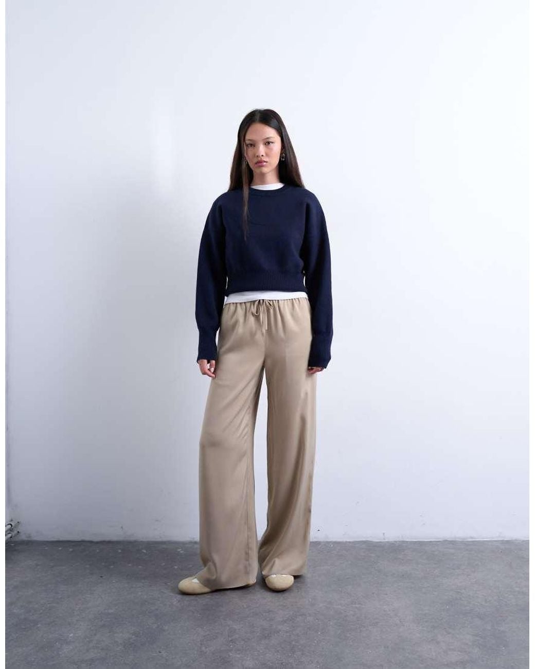 TOPSHOP Blue Satin Tie Waist Wide Leg Trouser