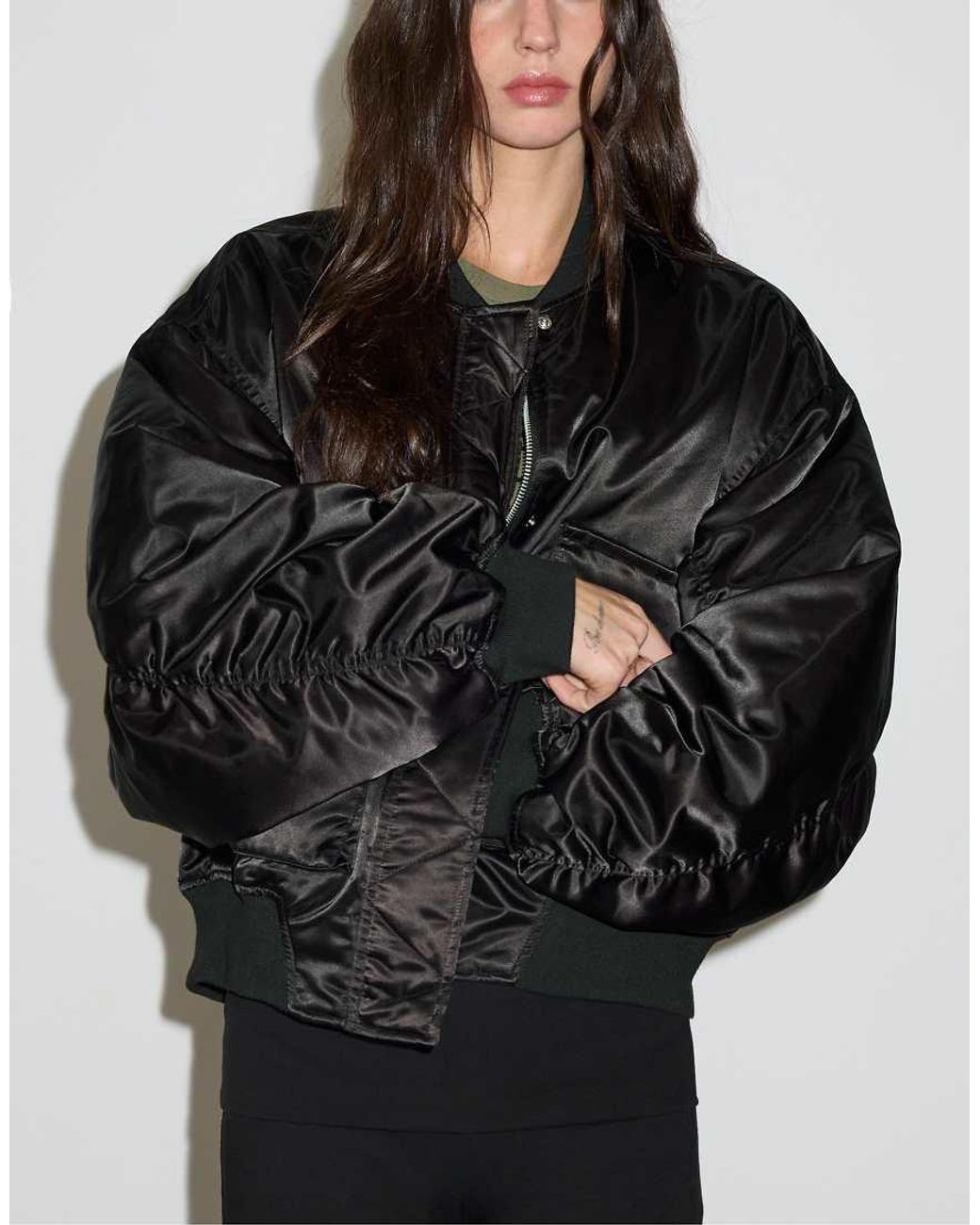 Stradivarius Black Oversize Satin Bomber Jacket