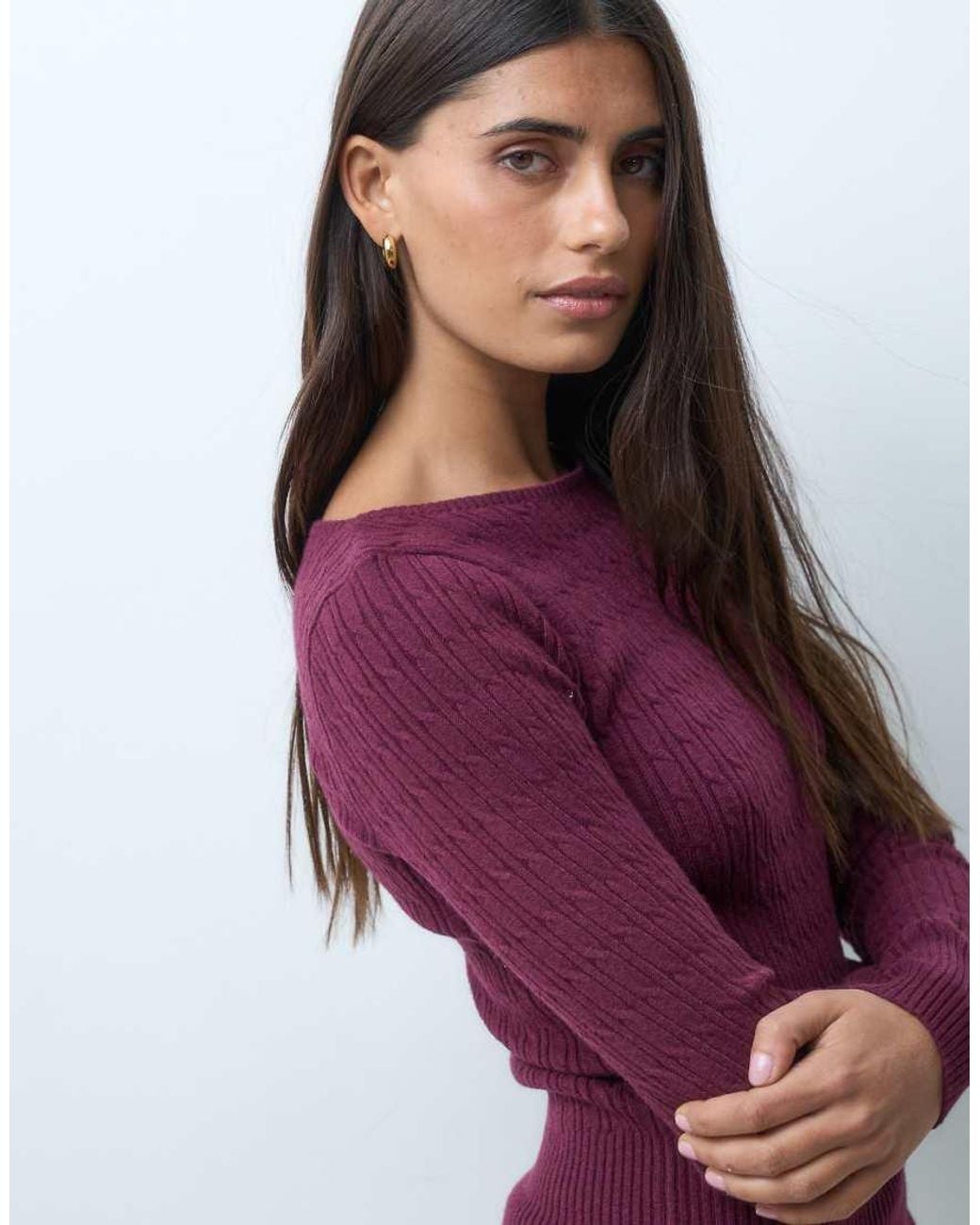 Hollister Purple Fitted Cable Knit Slash Neck Jumper