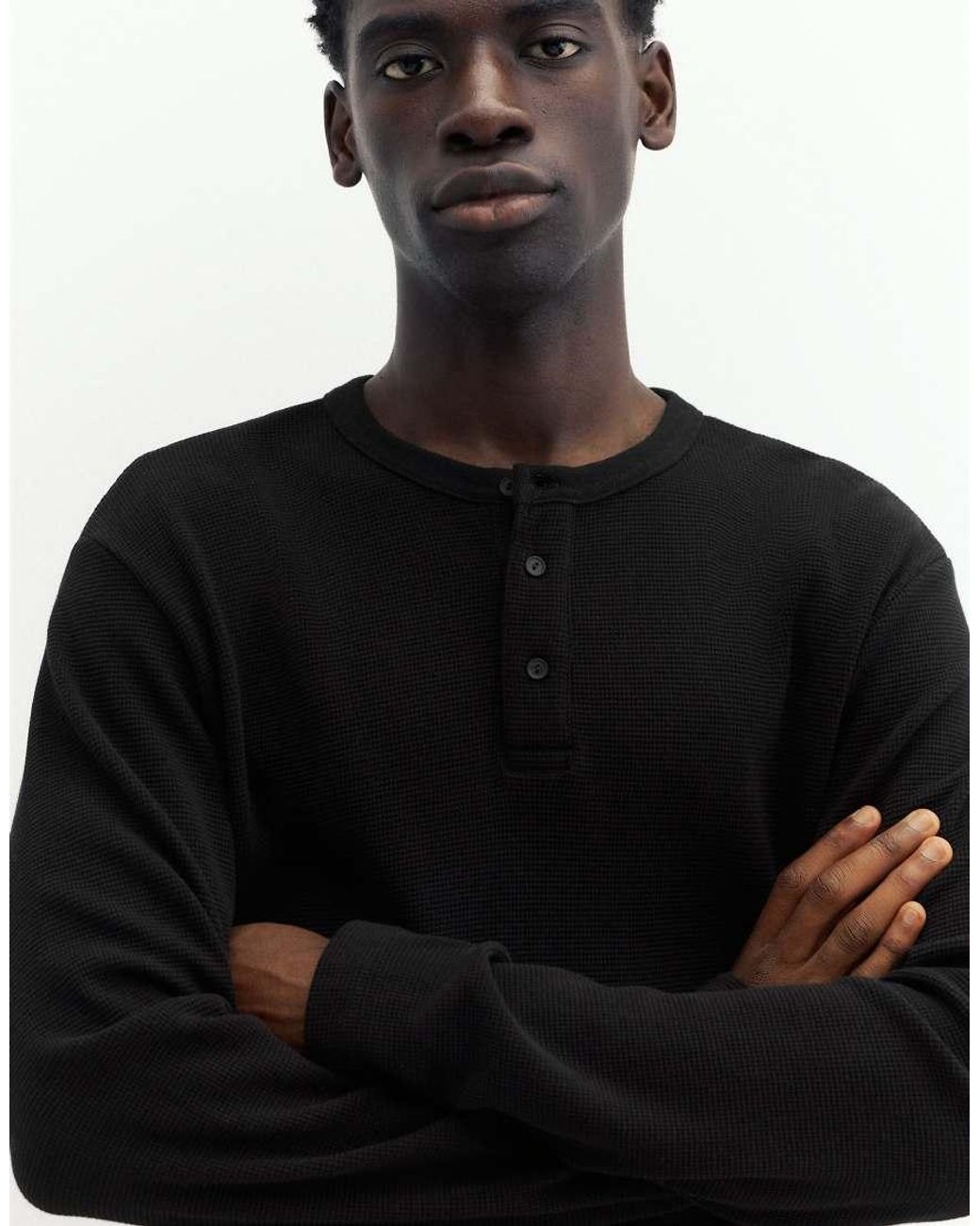 Pull&Bear Black Henley Waffle-knit Long Sleeve T-shirt for men