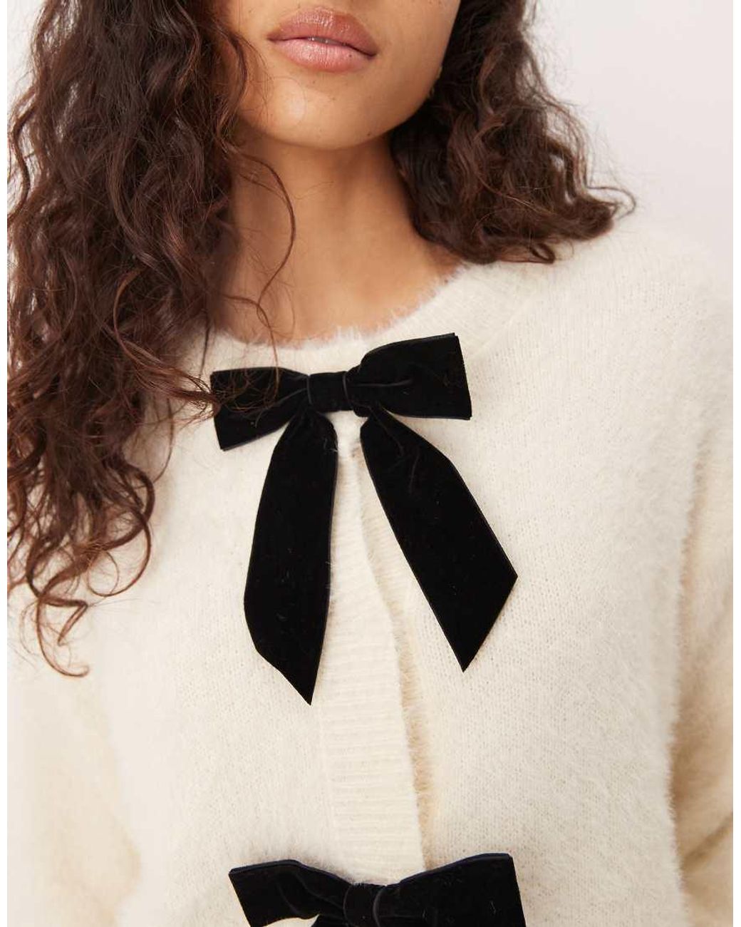 Lovedrobe Natural Velvet Bow Eyelash Knit Cardigan