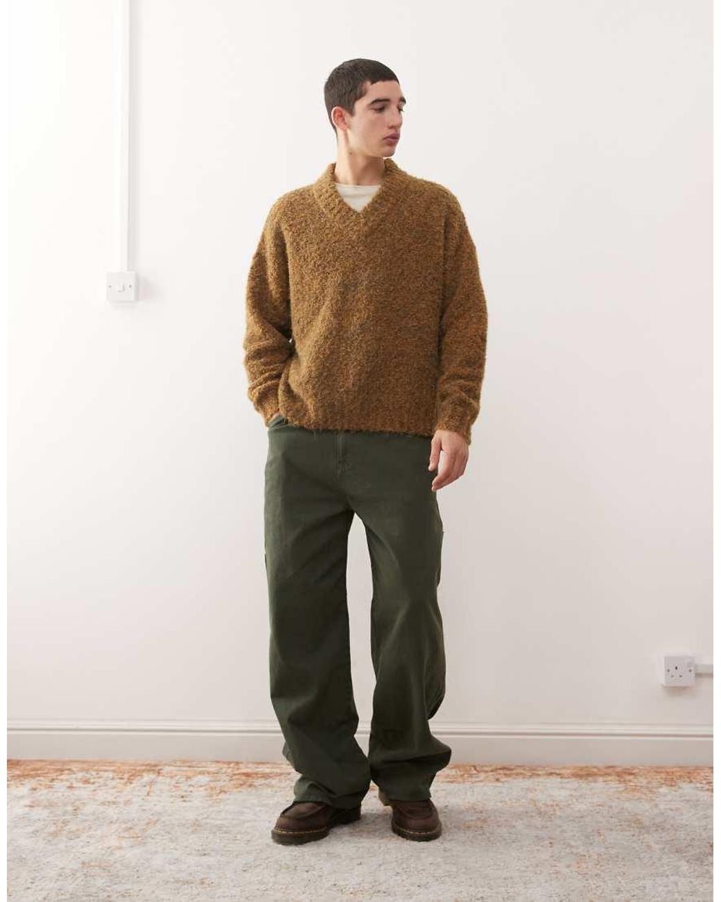 Reclaimed Vintage Brown Boucle V-Neck Boxy Jumper for men
