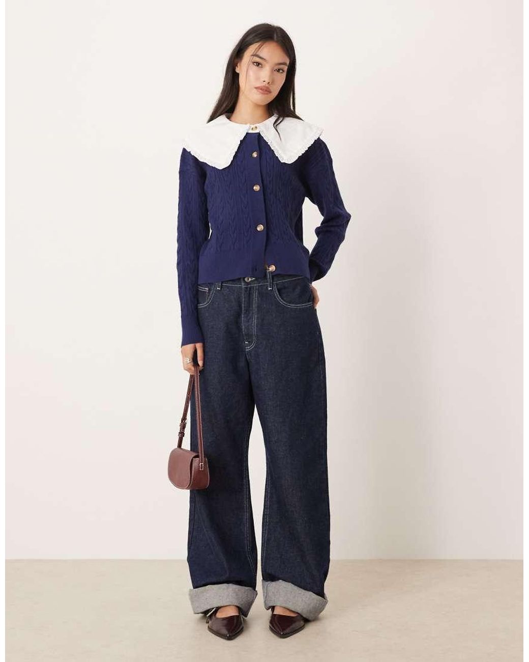 Glamorous Blue Cable Knit Dramatic Collar Cardigan