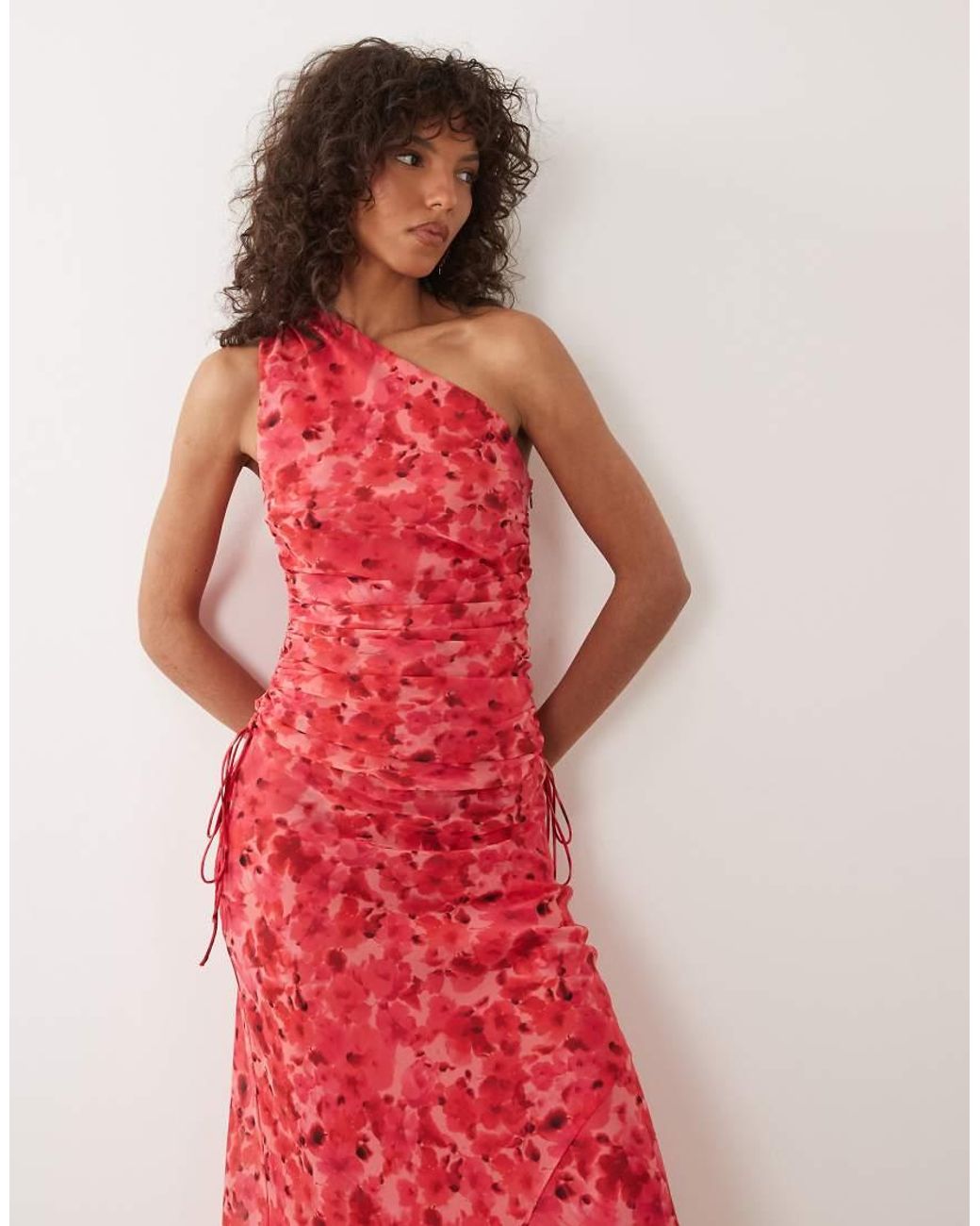 Mango Red One Shoulder Maxi Dress With Ruching Detail