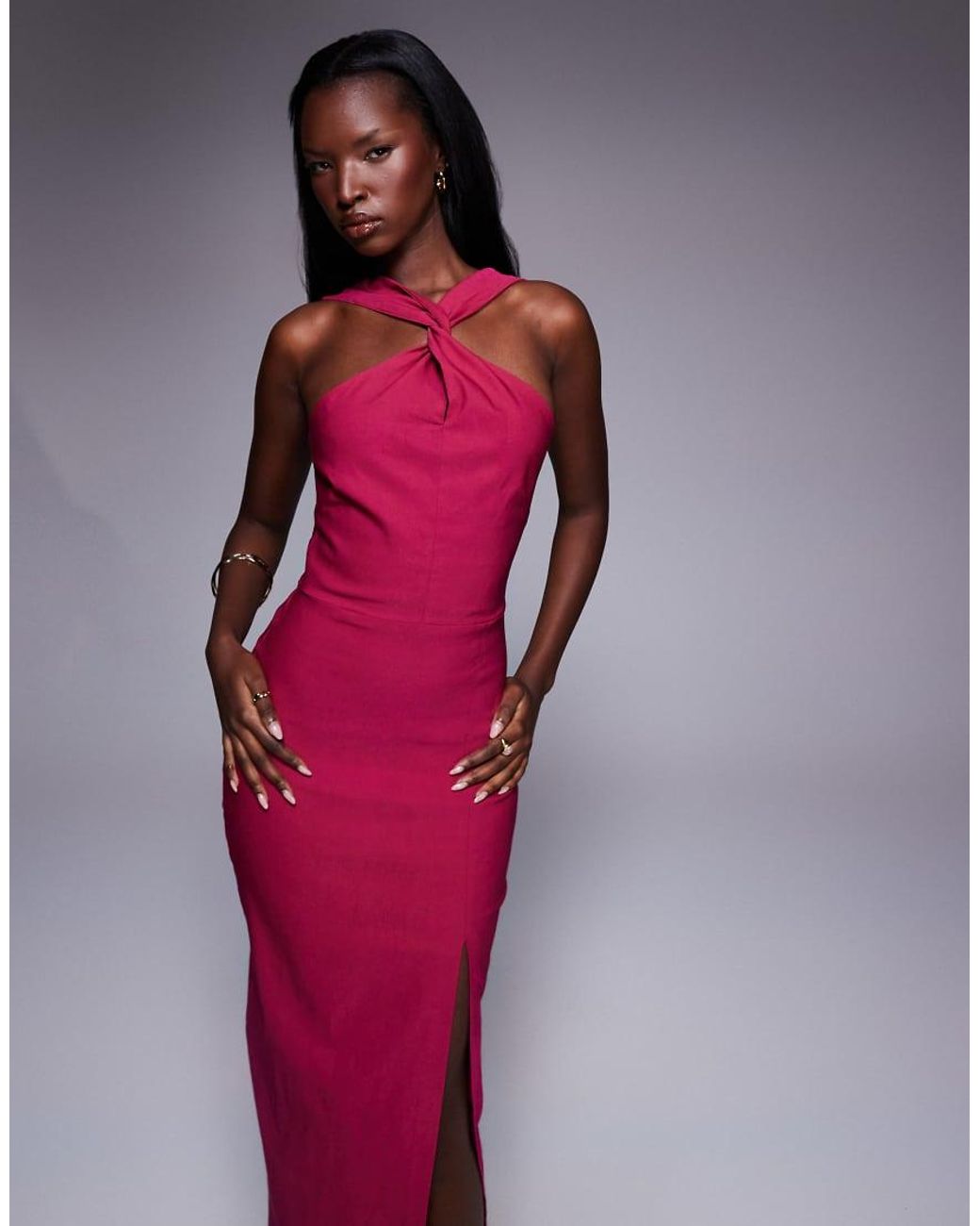 Vesper Pink Halterneck Twist Neck Maxi Dress With Side Split