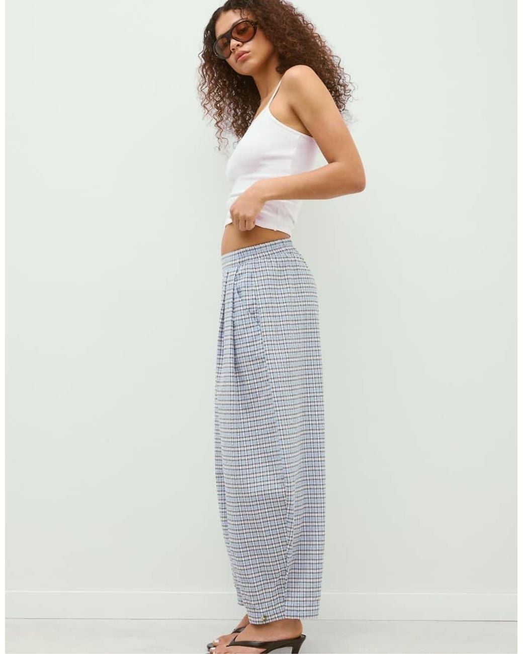 Stradivarius White Flowing Barrel Check Trousers