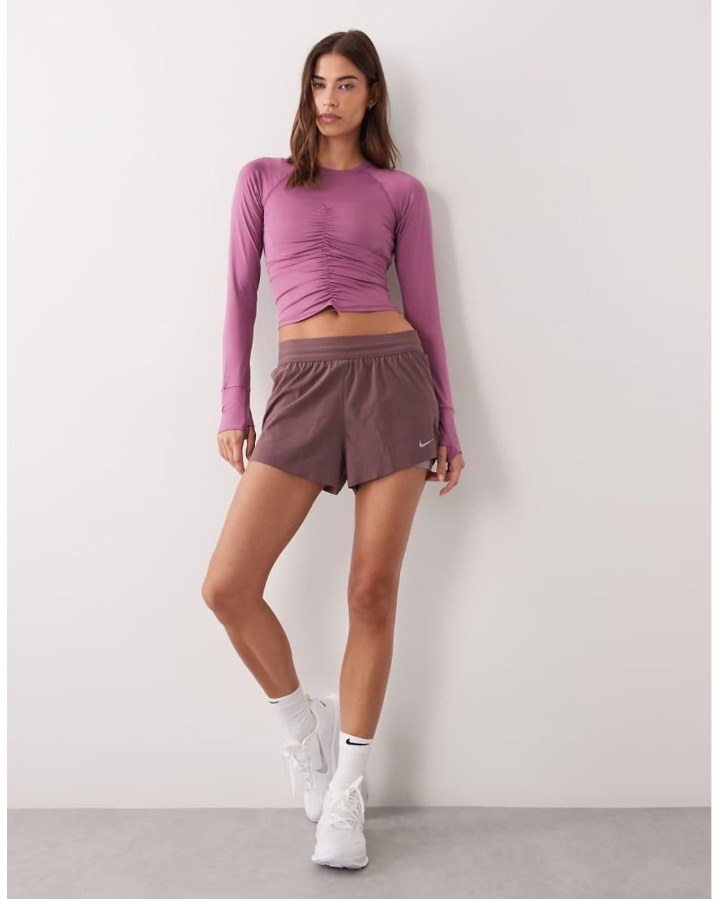 4505 Pink Lightweight Active Ruched Front Long Sleeve Running Top