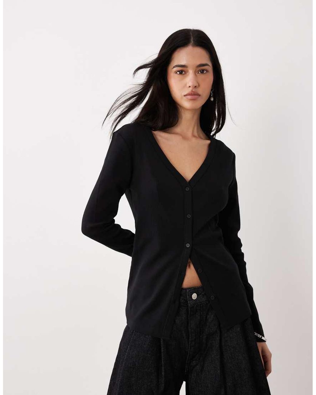 Calvin Klein Black Long Sleeve Rib Button Front Top
