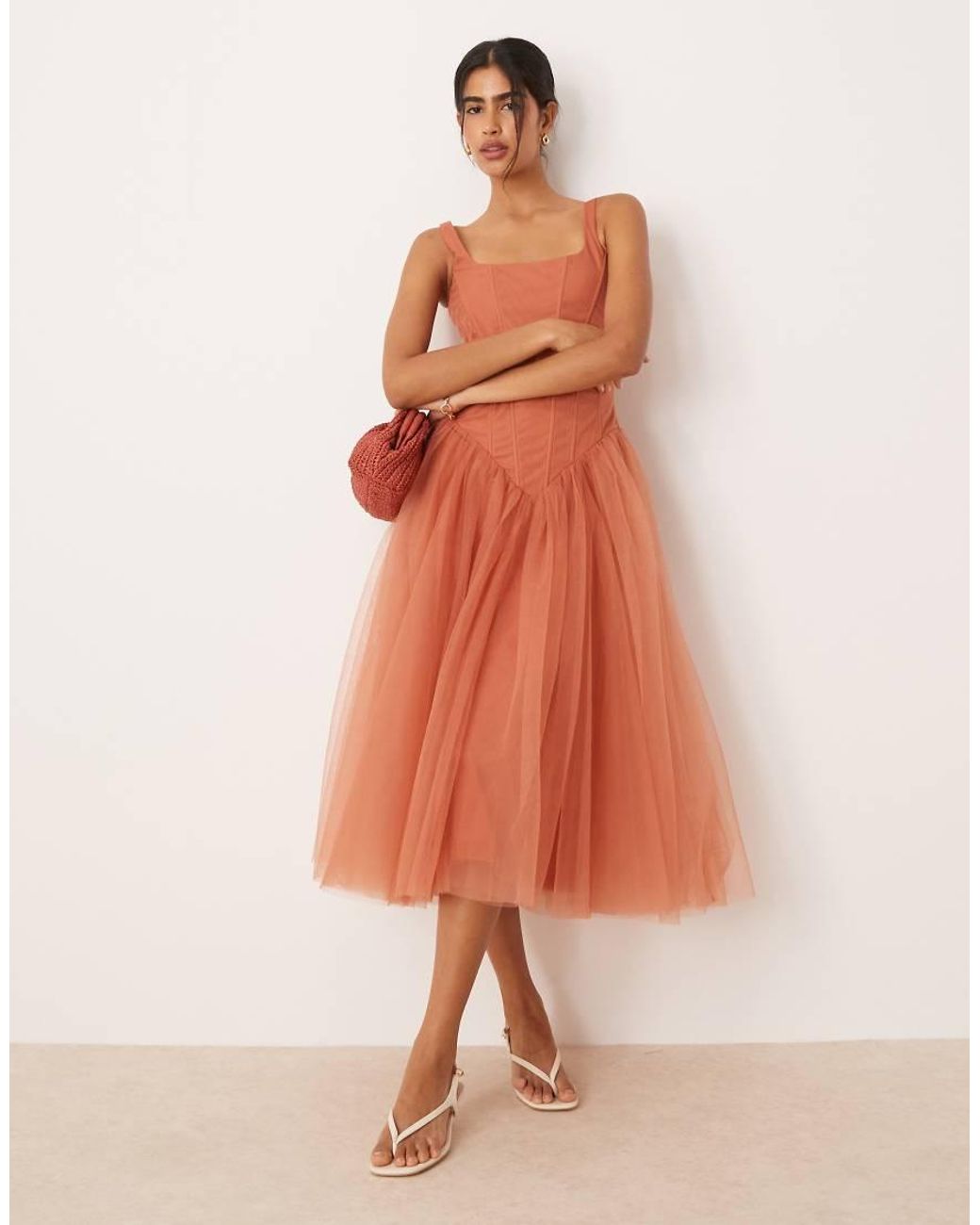 LACE & BEADS Orange Corset Drop Hem Midi Dress