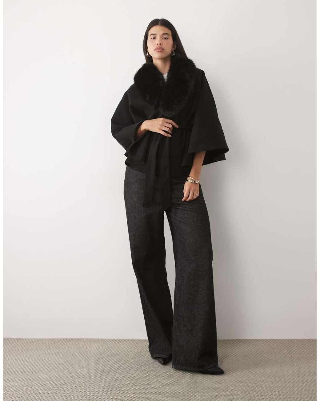 Gina Tricot Black Faux Fur Collar Cape With Belt