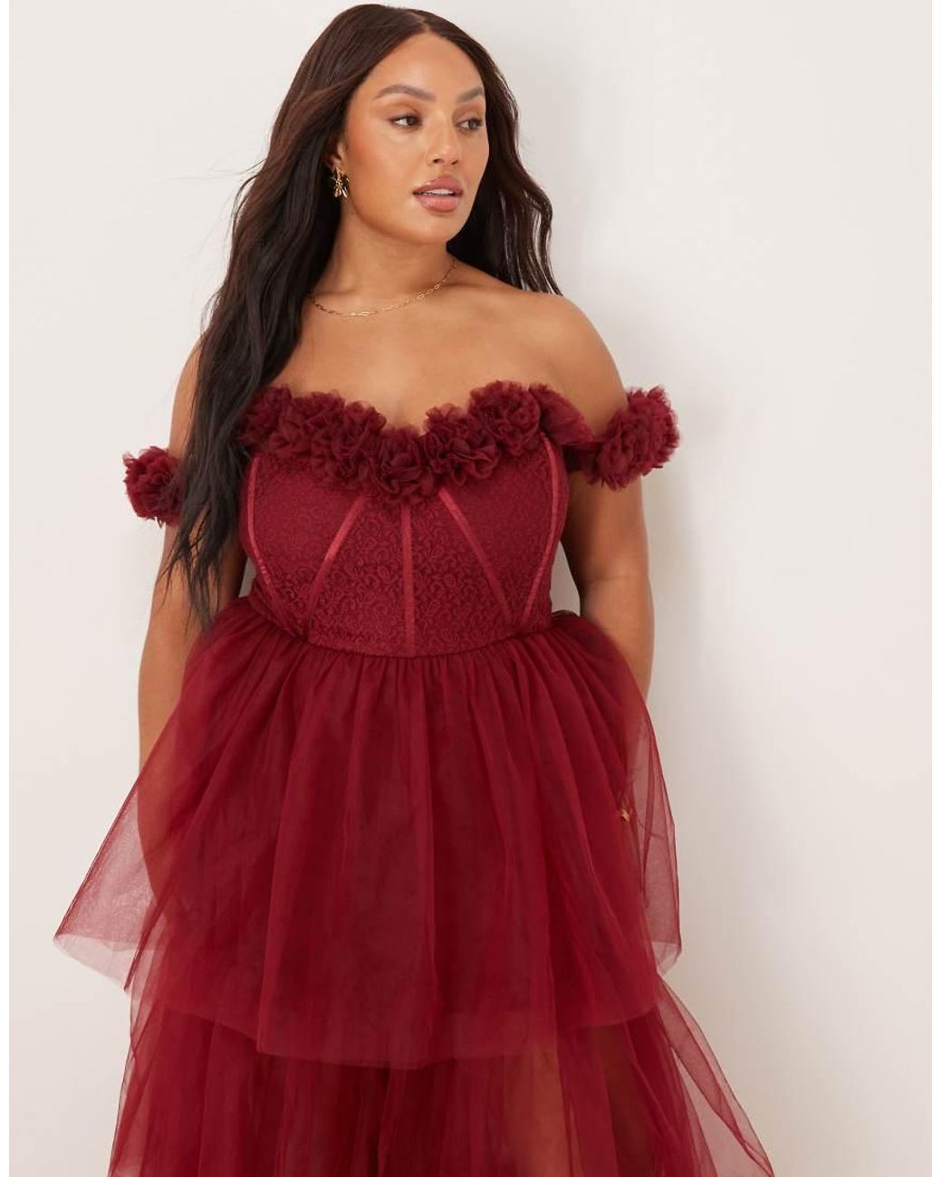 Lace & Beads Plus Rosette Corset Tiered Tulle Maxi Dress