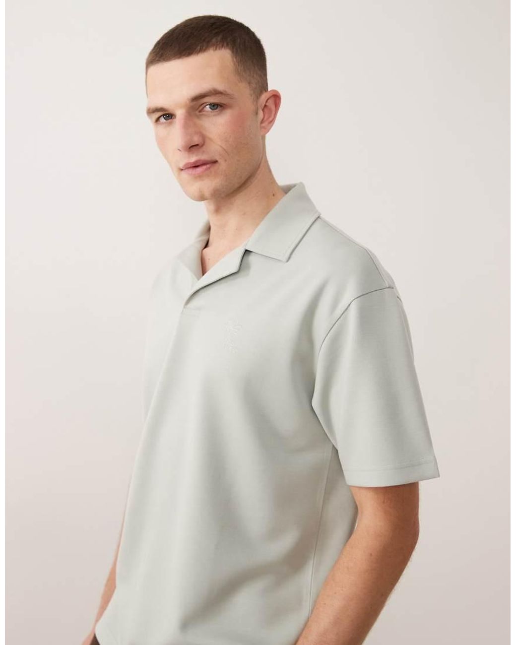 ASOS Gray Heavyweight Relaxed Polo With Chest Embroidery for men