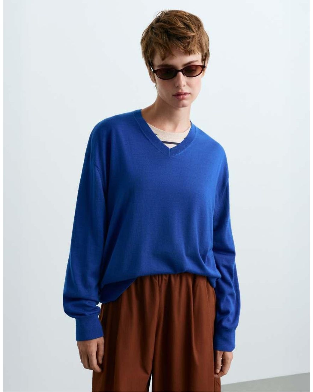 Oysho Blue 100% Wool V-Neck Knit Jumper