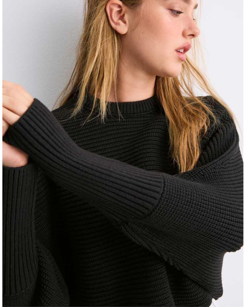 Stradivarius Blue Mixed-fabric Batwing Knit Jumper