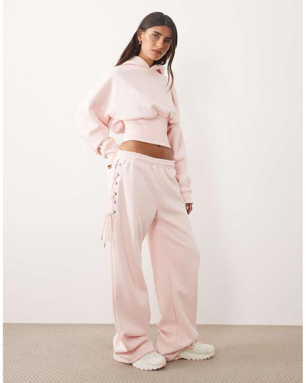 Kaiia Pink Cotton Rich Lace Up Side Detail Wide Leg joggers Co-ord
