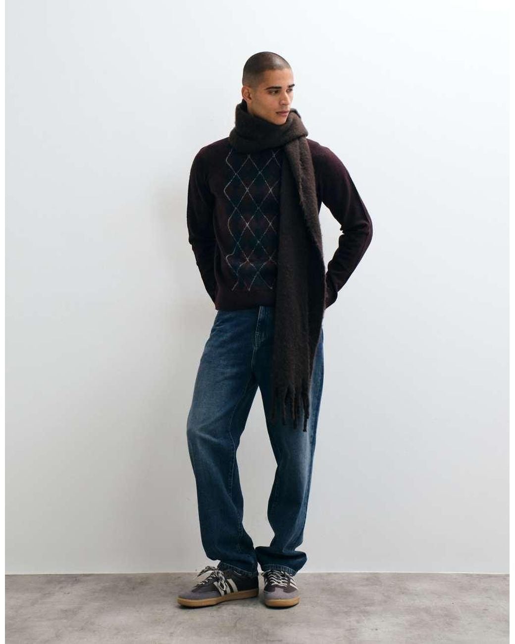 Threadbare Blue Argyle Knitted Crew Neck Jumper for men